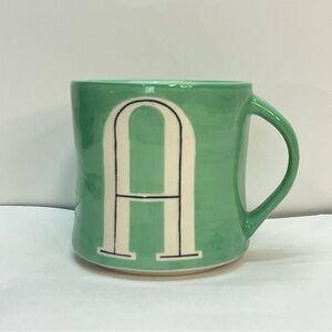Anthropologie Letter "A" Initial Green Mug Hand Painted Ceramic Cup 12oz
